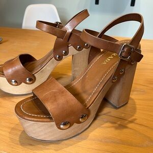 Prada Brown Tan Leather Wood Platform Heels Sandals 41 Women’s 10 Silver